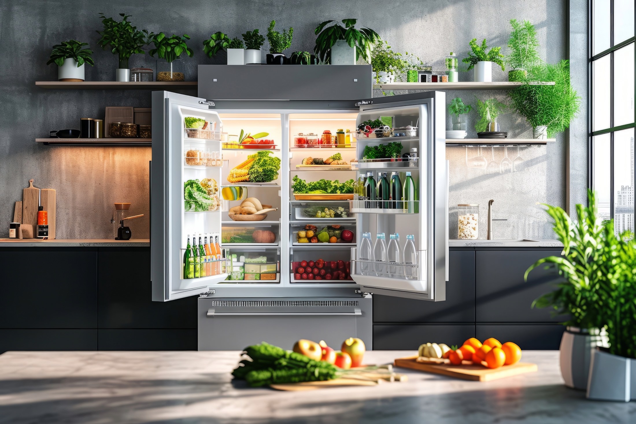 Open fridge stocked with fresh food